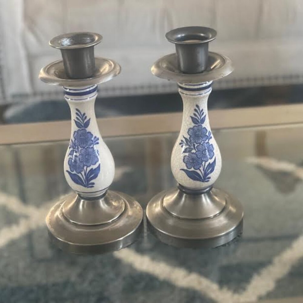 Set of 2 Silverplated Pewter Delft Blue Candlestick Holder